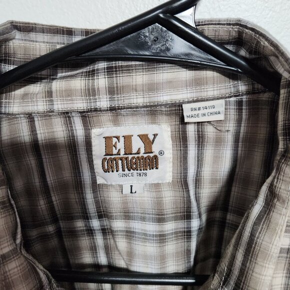 Ely Cattleman Pearl Snap Western Shirt Mens Size Large Brown Plaid Short Sleeve - Picture 3 of 4